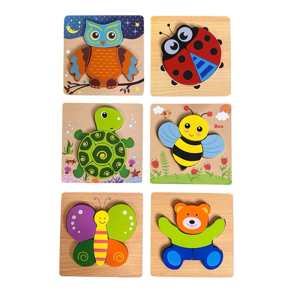 Wooden Jigsaw Puzzle Set 6 Pack Animal Shape Color Montessori Toy Fine Motor
